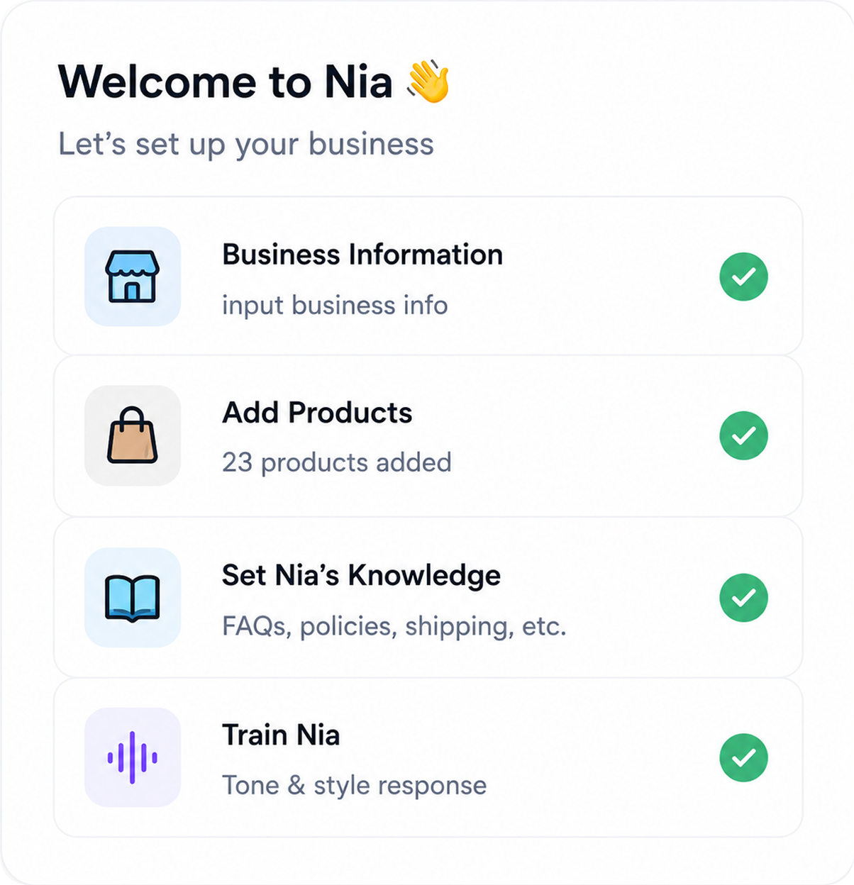 Account setup dashboard showing business information checklist